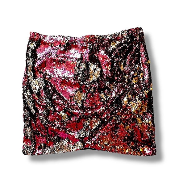 TOPSHOP Pink Gold Mauve Sequin Ruched front Mini Skirt 8 - Picture 5 of 6